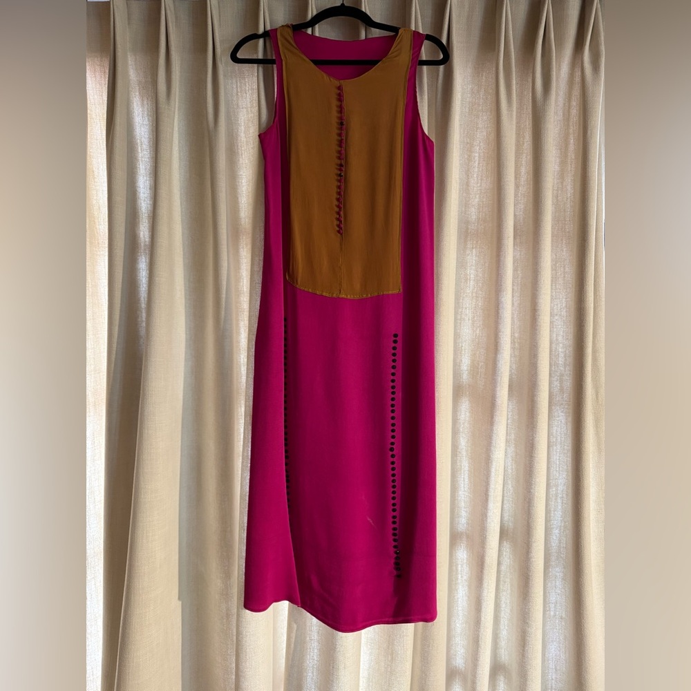 Magenta and Gold Sleeveless 100% silk Dress